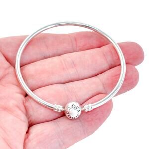 Estate Pandora Sterling Silver 925 Logo Barrel Clasp Charm Bangle Bracelet 7.25”